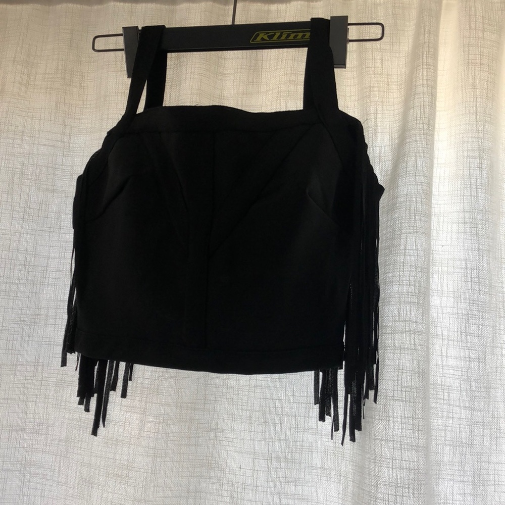 Black Off Shoulder Fringe Crop Shirt